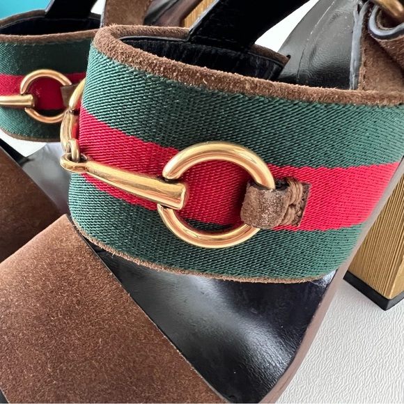 GUCCI || Querelle Horsebit Web stripe Suede Chunky Gold High Heel Sandal EU 38 - Picture 6 of 15